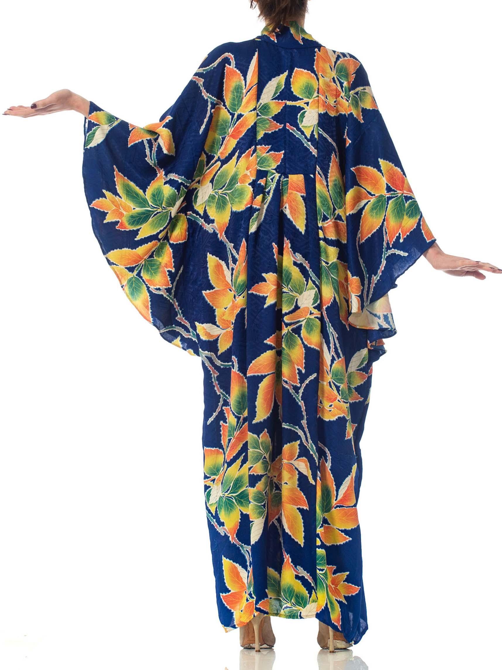 MORPHEW COLLECTION Indigo Blue Tropical Floral Silk Kaftan Made From Vintage Ja For Sale 1