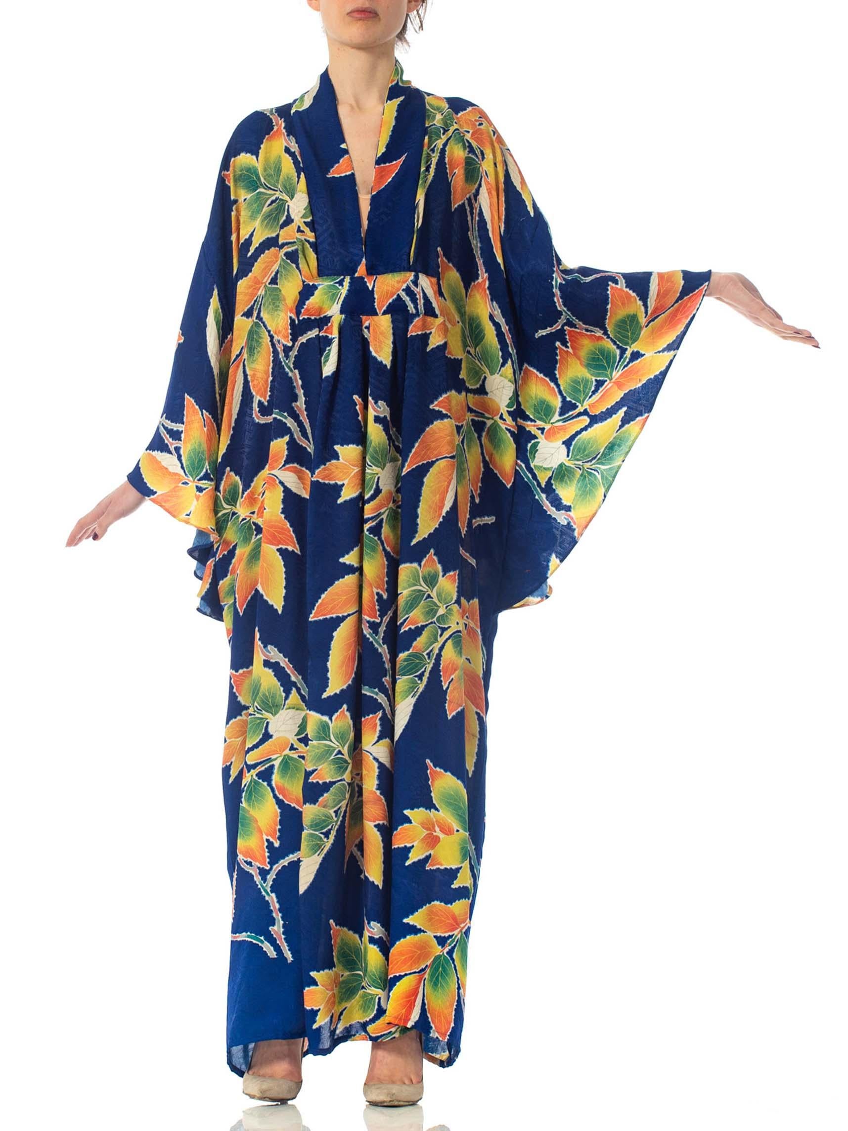 MORPHEW COLLECTION Indigo Blue Tropical Floral Silk Kaftan Made From Vintage Ja For Sale 3