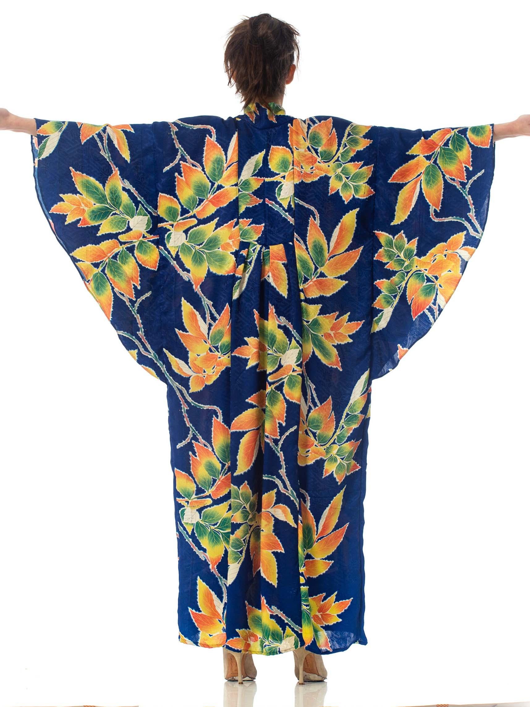 MORPHEW COLLECTION Indigo Blue Tropical Floral Silk Kaftan Made From Vintage Ja For Sale 4