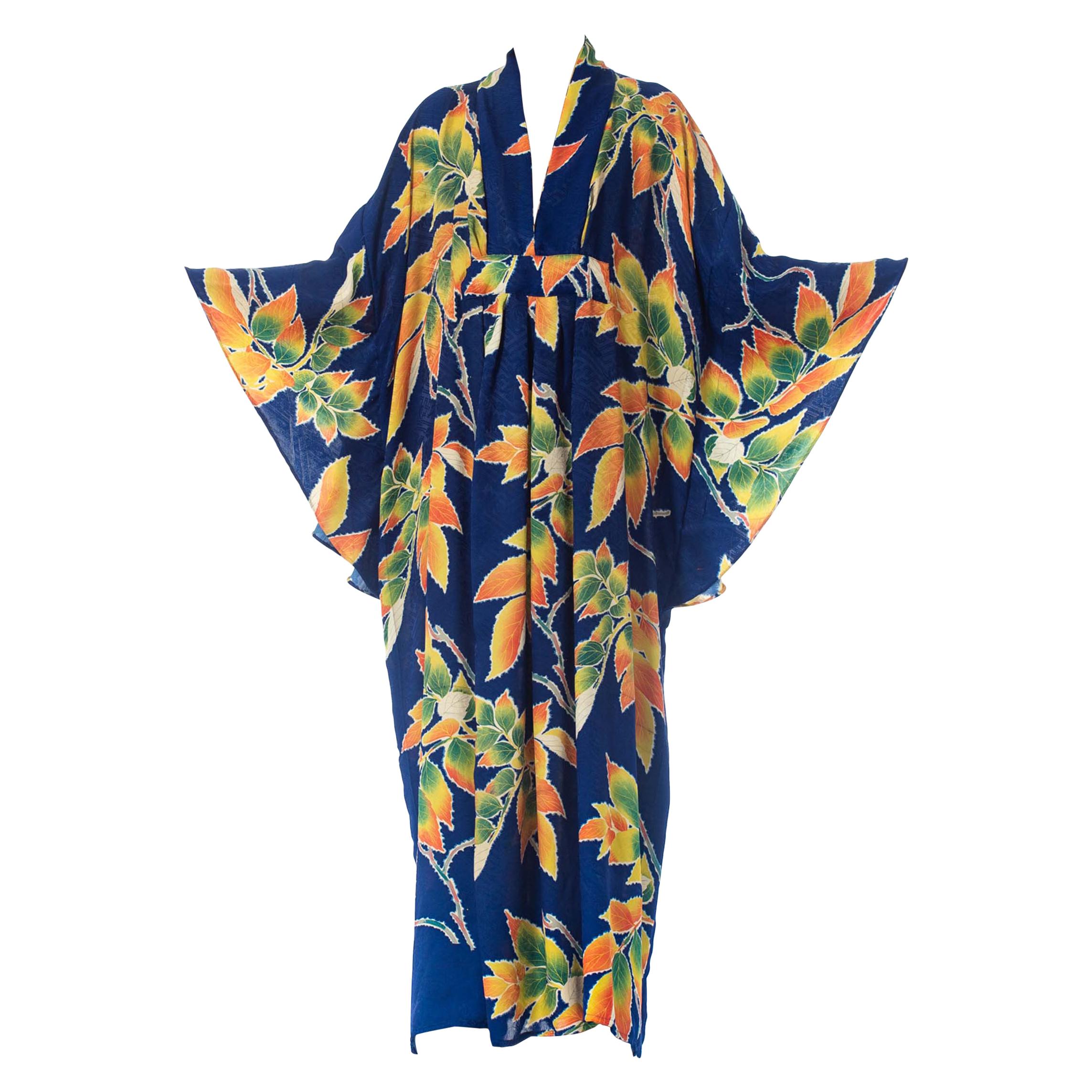 MORPHEW COLLECTION Indigo Blue Tropical Floral Silk Kaftan Made From Vintage Ja For Sale