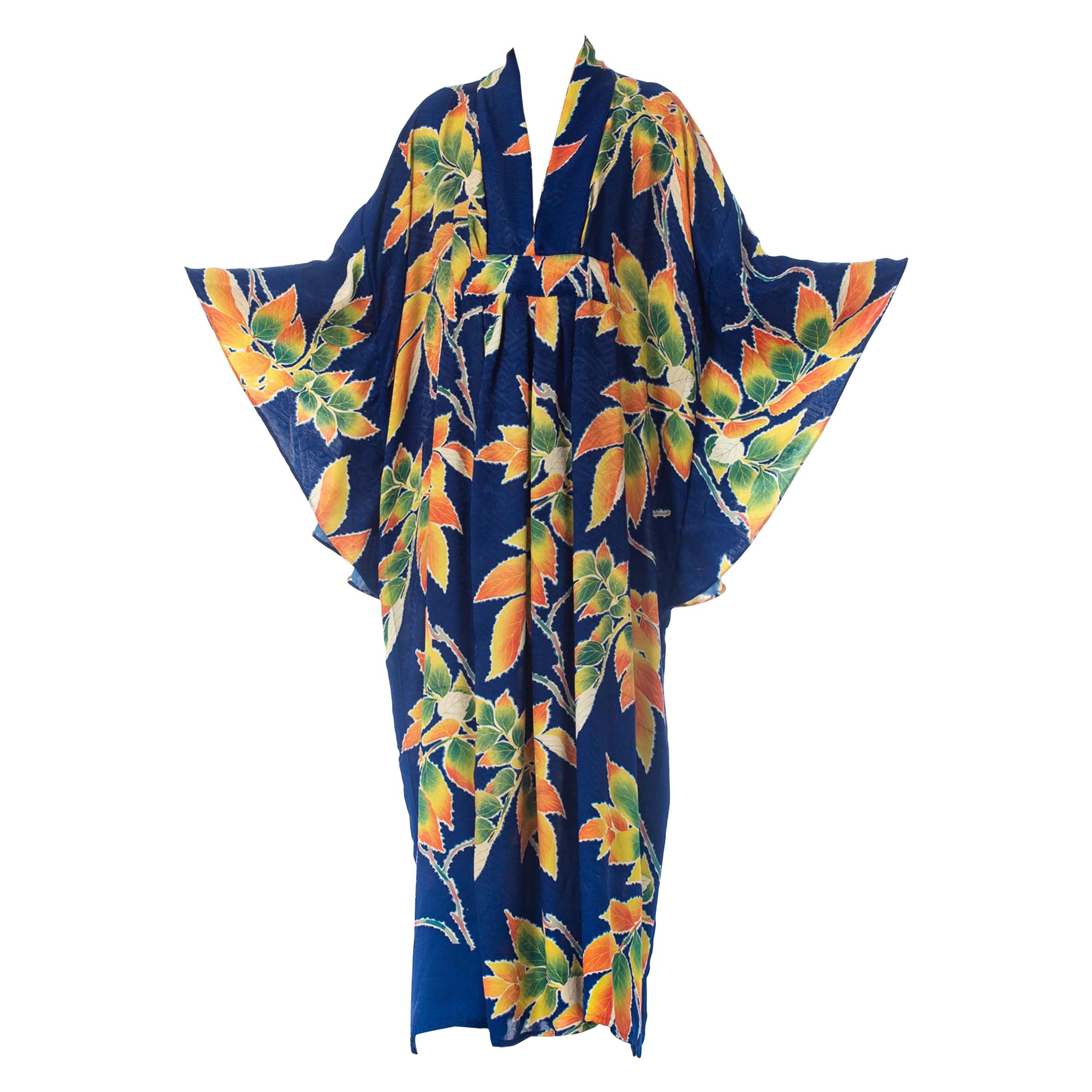 MORPHEW COLLECTION Indigo Blue Tropical Floral Silk Kaftan Made From Vintage Japanese Kimono Fabric
MORPHEW COLLECTION is made entirely by hand in our NYC Ateliér of rare antique materials sourced from around the globe. Our sustainable vintage