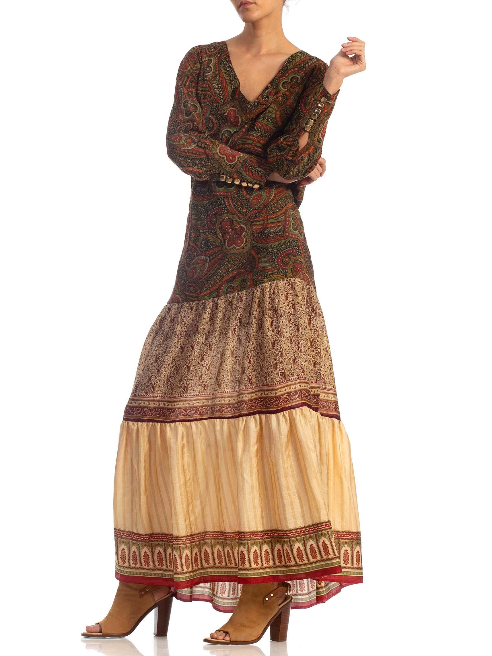 Brown MORPHEW COLLECTION Boho Long Sleeve Maxi Dress Made From Antique 1920S & 1970S  For Sale