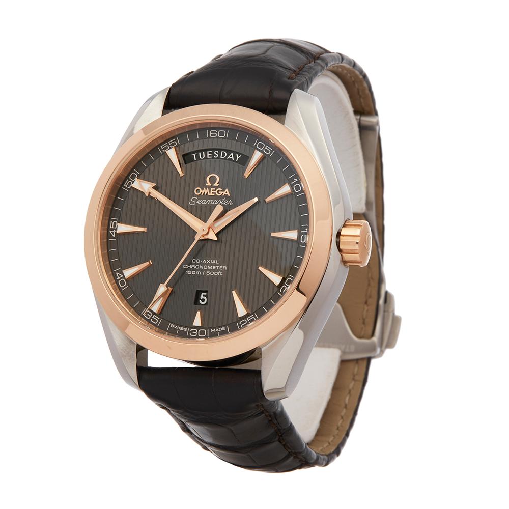 Contemporary 2010s Omega Seamaster Aqua Terra Day Date Steel & Rose Gold Wristwatch
 *
 *Complete with: Box Only dated 2010s
 *Case Size: 41.5mm
 *Strap: Black Leather
 *Age: 2010's
 *Strap length: Adjustable up to 20cm. Please note we can order