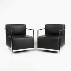 2010s Pair of Bernhardt Design Brellin Lounge Chairs in Leather w/ Chrome Frames