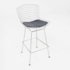 2010s Pair of Harry Bertoia Wire Bar Stools with Leather Pads with Chrome Frames