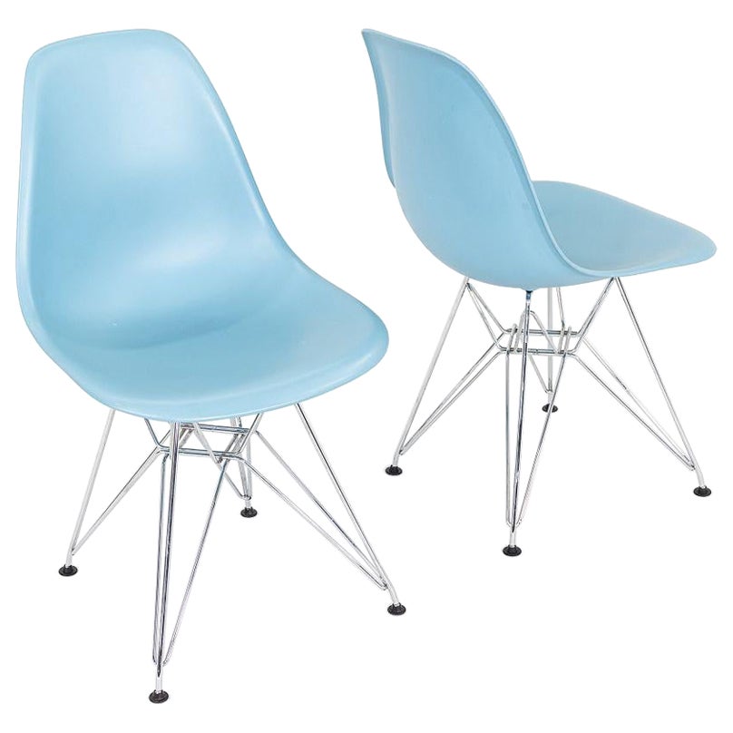 2010s Pair of Herman Miller Eames DSR Blue Plastic Dining Chairs w/ Eiffel Bases