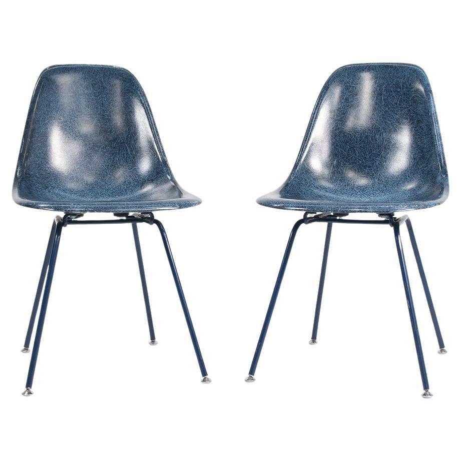 2010s Pair of Modernica Eames Blue Fiberglass Dining Chairs with H Base