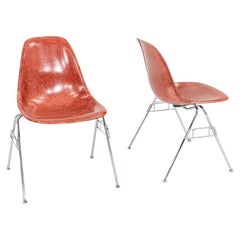 2010s Pair of Modernica Eames Fiberglass Dining Side Shell Chairs in Red/Orange