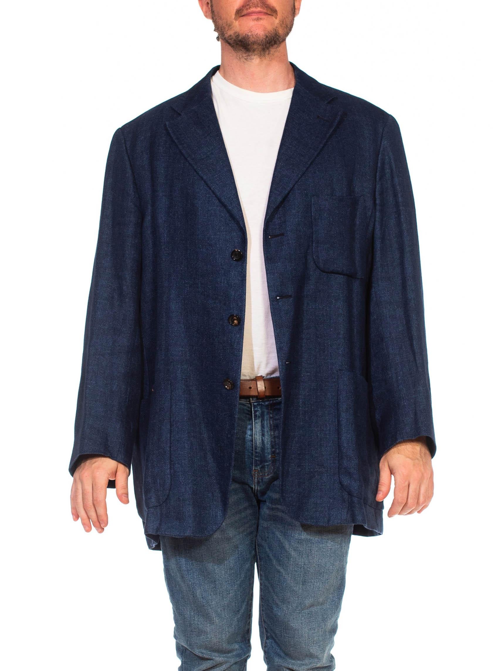 2010S PAL ZILERI Denim Blue Linen Unstructured & Hand-Finished Blazer In Excellent Condition In New York, NY