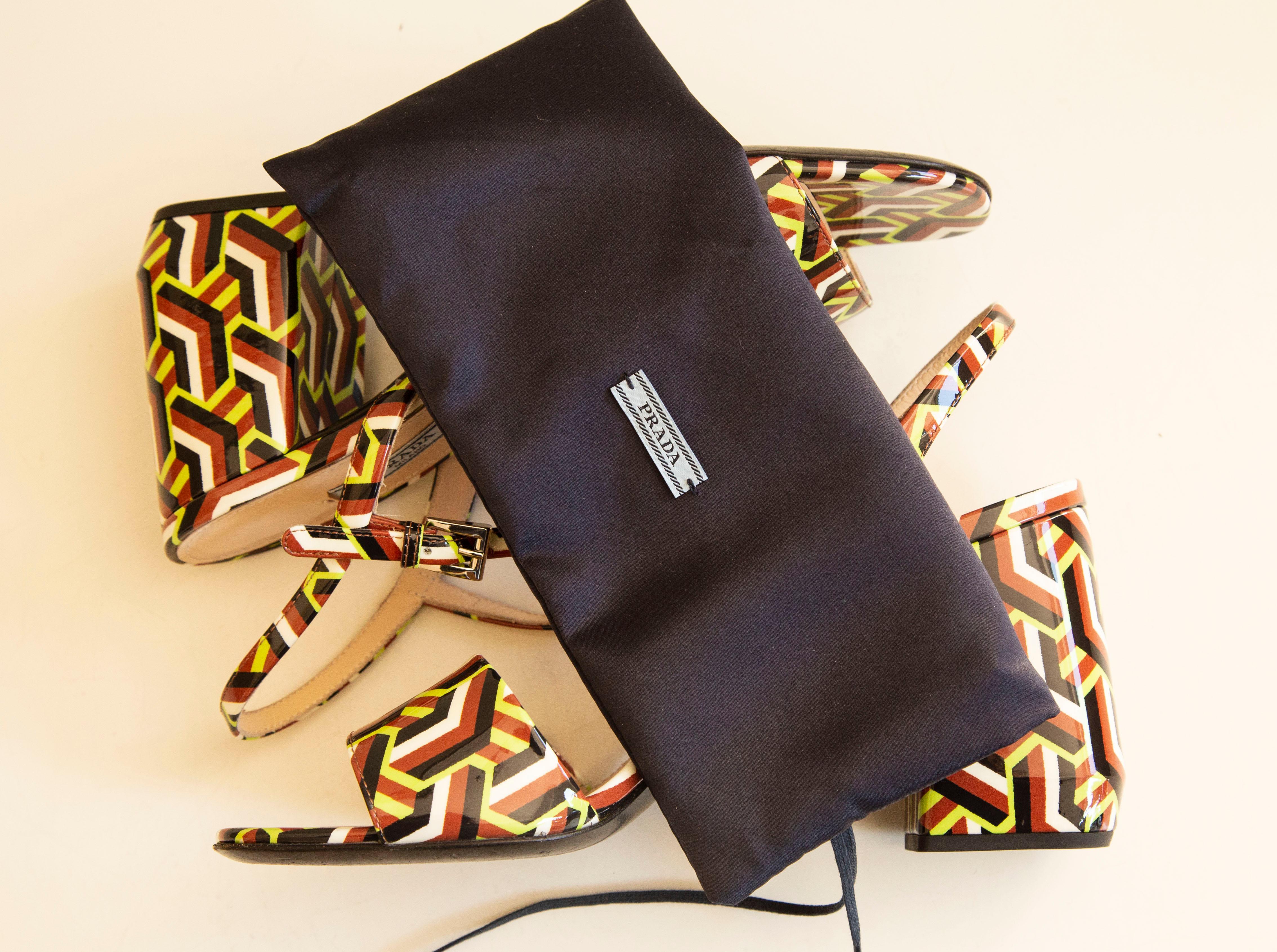 2010s Prada Abstract Pattern Multicolor Patent Leather Sandals 5