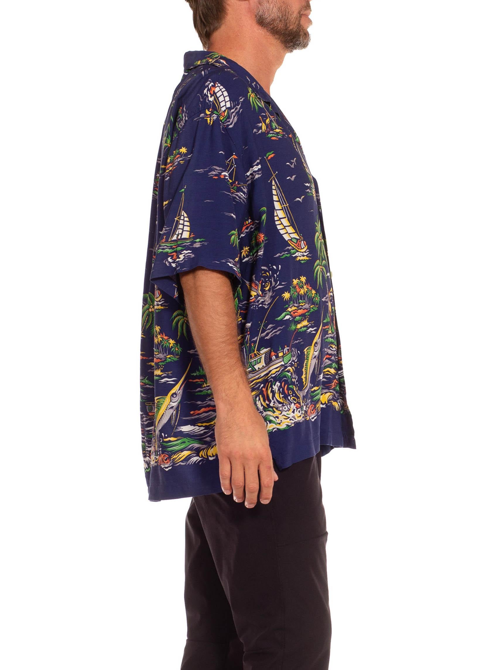Women's 2010S Ralph Lauren Navy Blue Rayon 1940S Tropical Border Print Men's Shirt For Sale