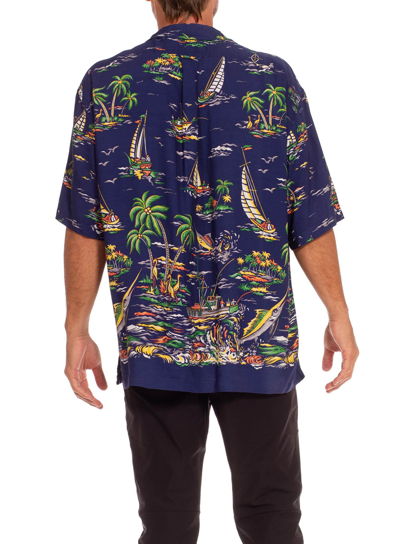 2010S Ralph Lauren Navy Blue Rayon 1940S Tropical Border Print Men's Shirt For Sale 1