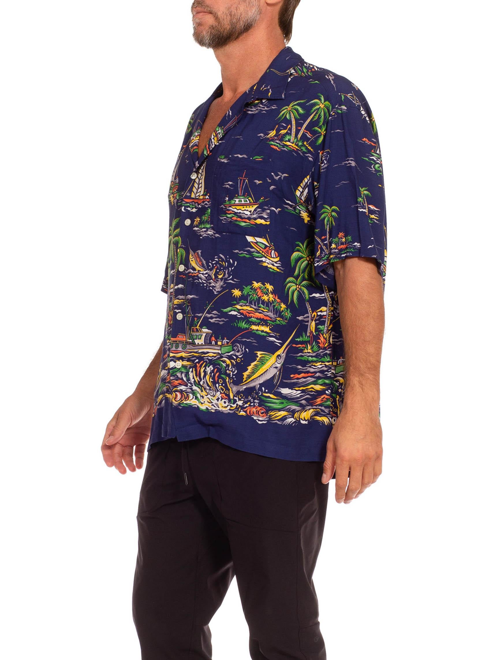 2010S Ralph Lauren Navy Blue Rayon 1940S Tropical Border Print Men's Shirt For Sale 2
