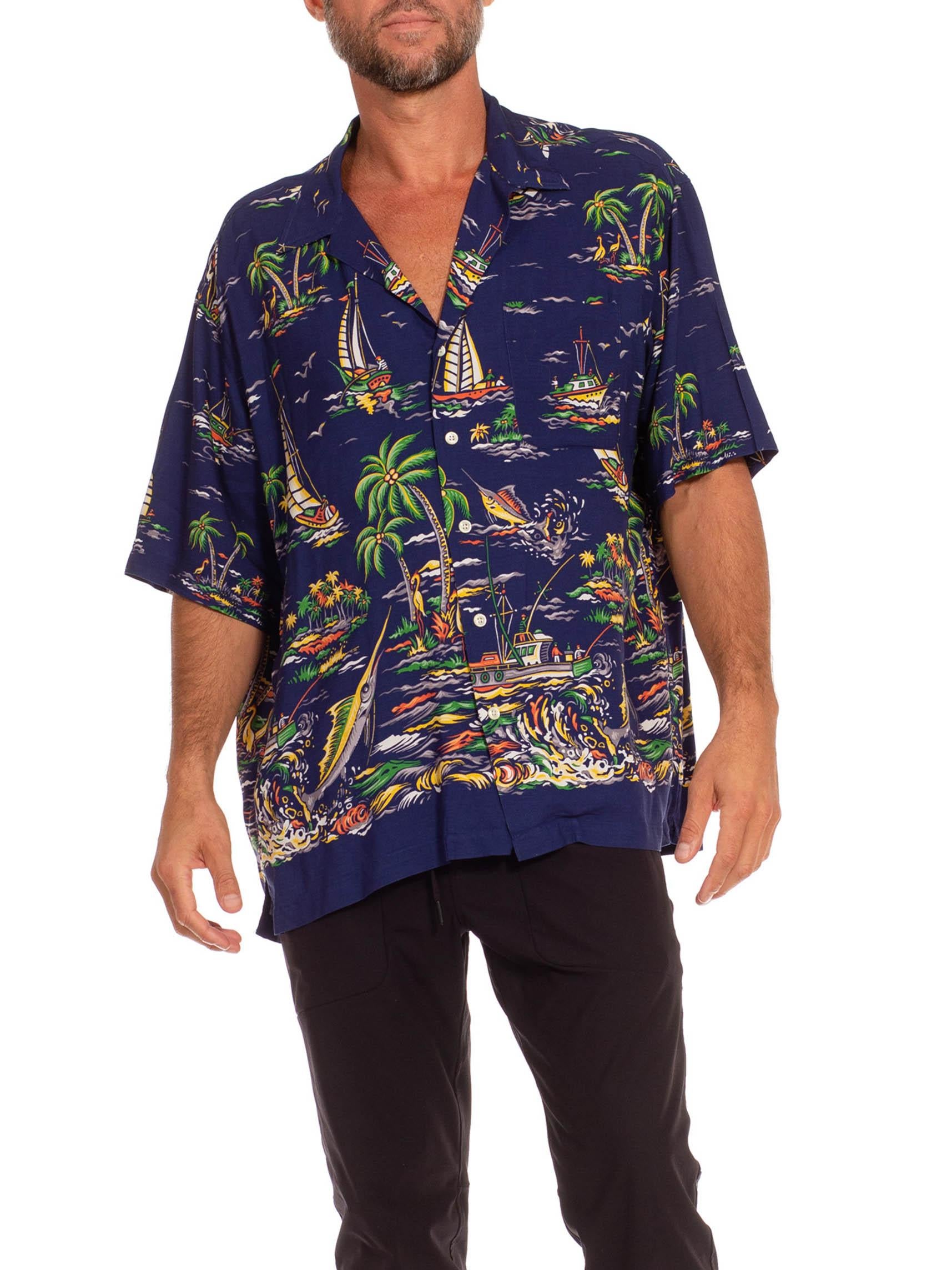 2010S Ralph Lauren Navy Blue Rayon 1940S Tropical Border Print Men's Shirt For Sale 3
