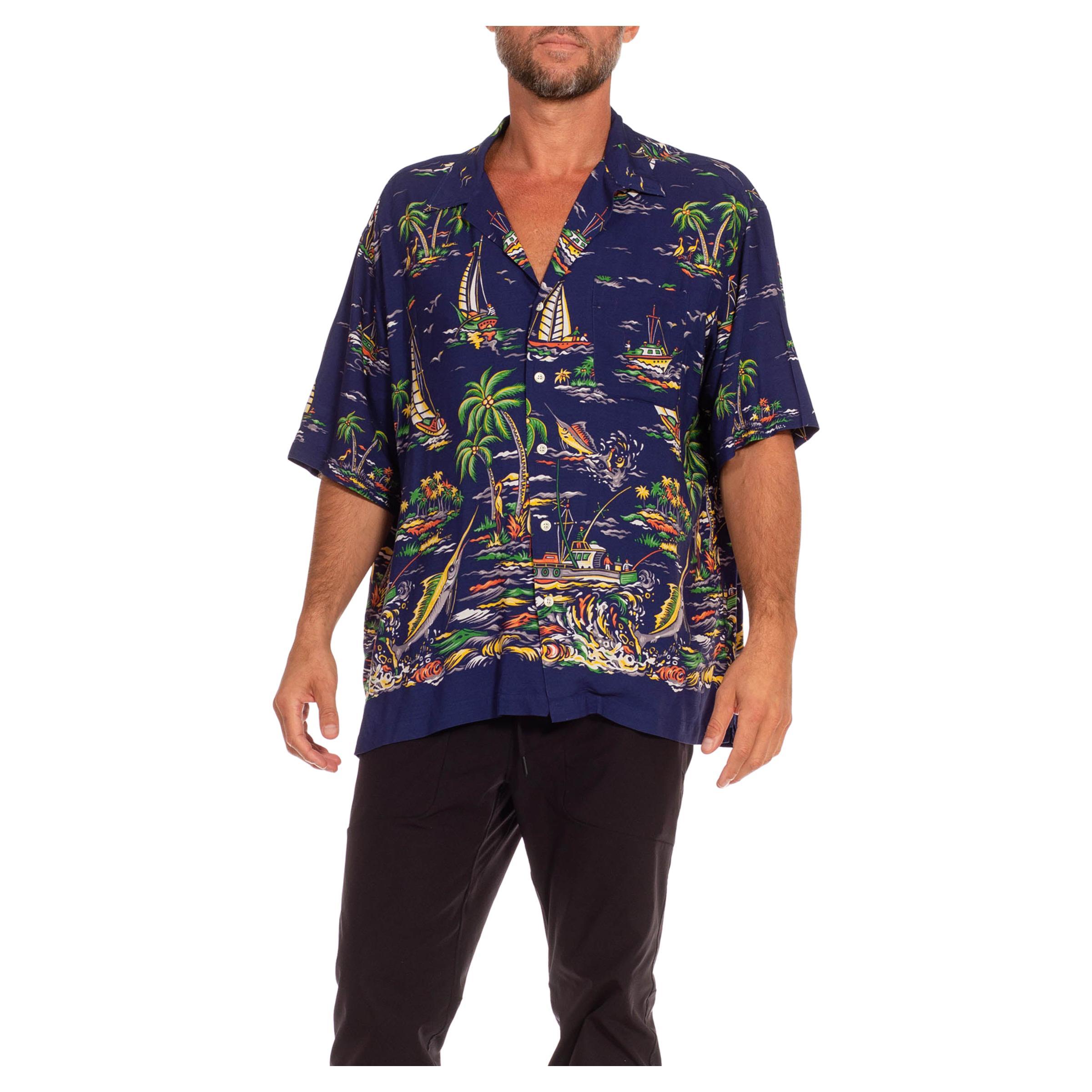 2010S Ralph Lauren Navy Blue Rayon 1940S Tropical Border Print Men's Shirt For Sale