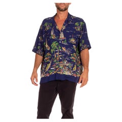 2010S Ralph Lauren Navy Blue Rayon 1940S Tropical Border Print Men's Shirt