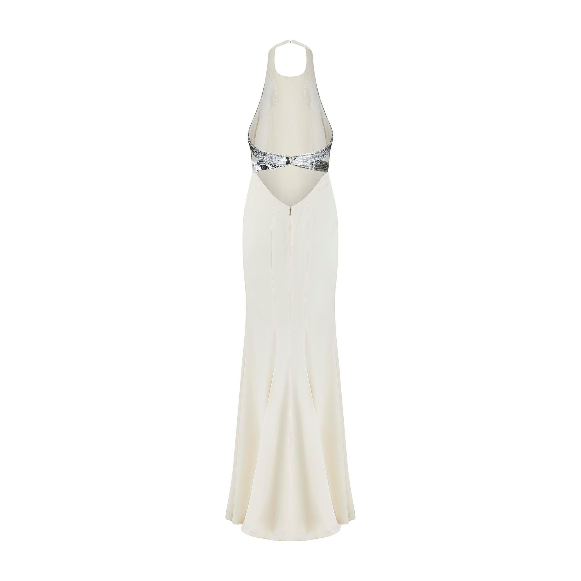 Gray 2010s Roberto Cavalli White and Silver Sequin Evening Gown For Sale