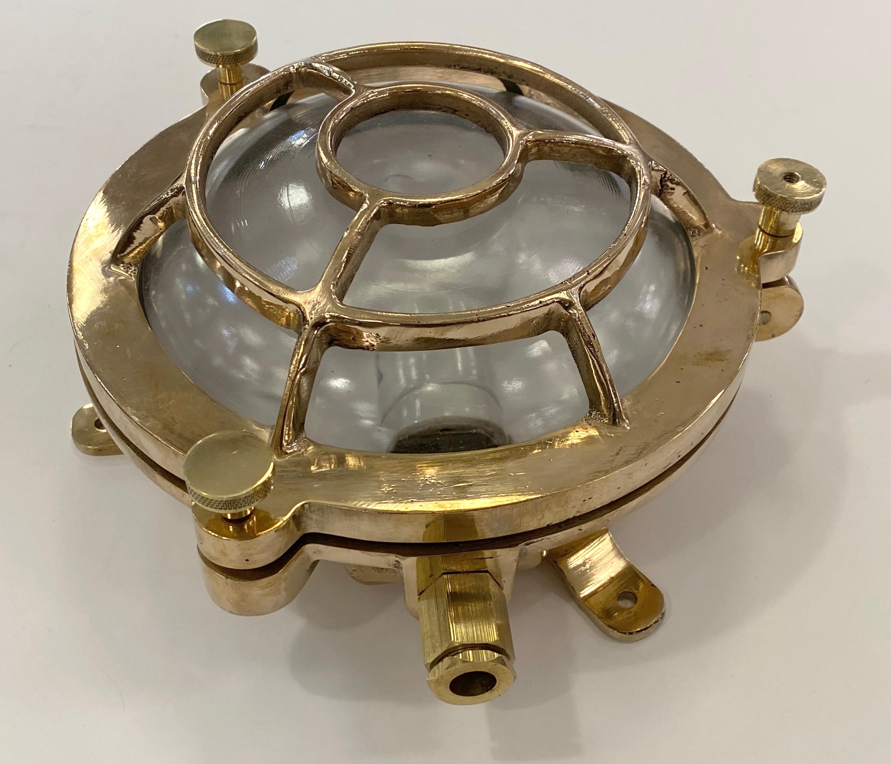 Round Brass Nautical Ship Light Sconce Quantity Available Cage Bulkhead In Good Condition For Sale In New York, NY