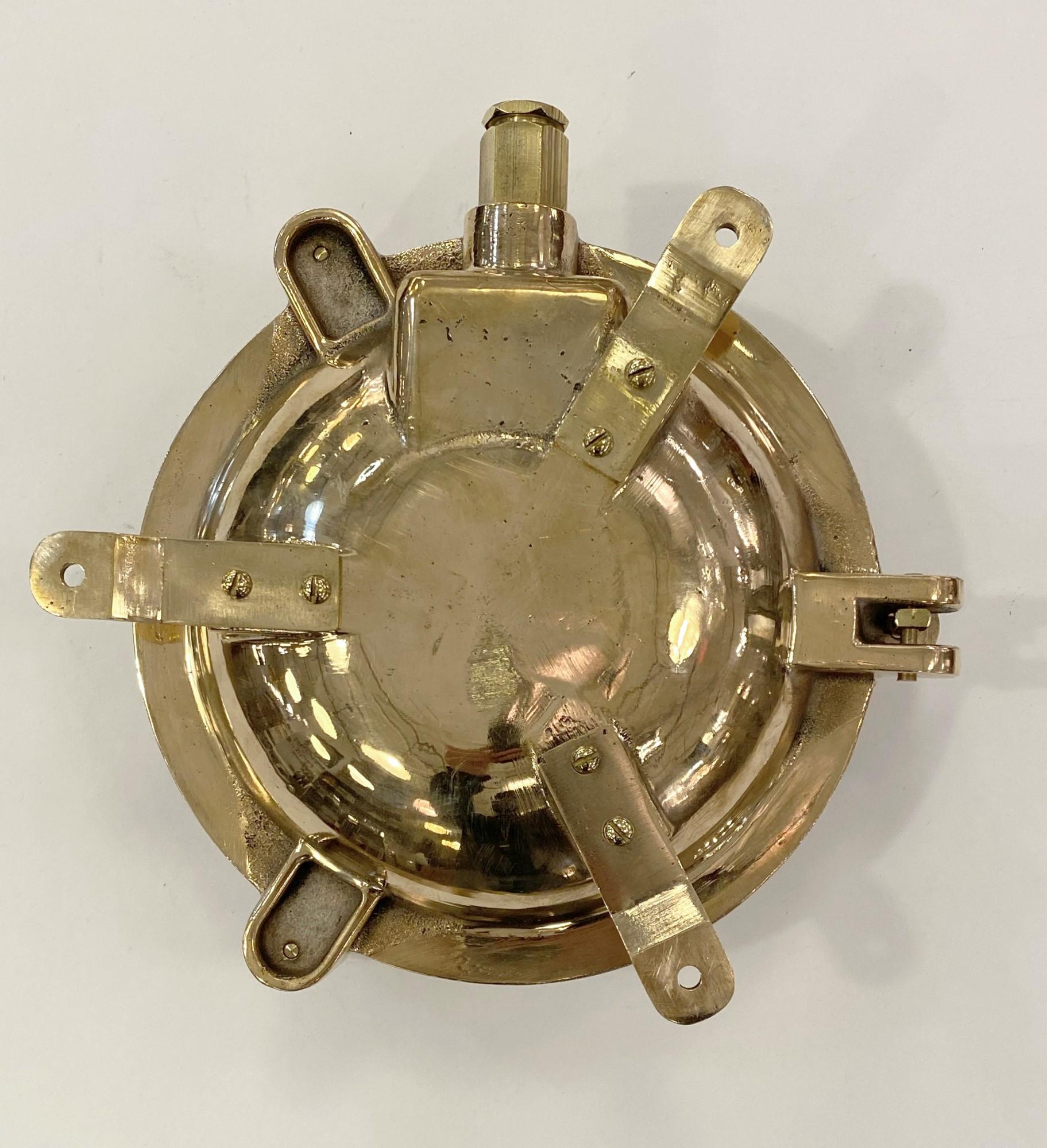 2010s Round Nautical Ship Light Sconce Cast Brass with Cage Bulkhead 2