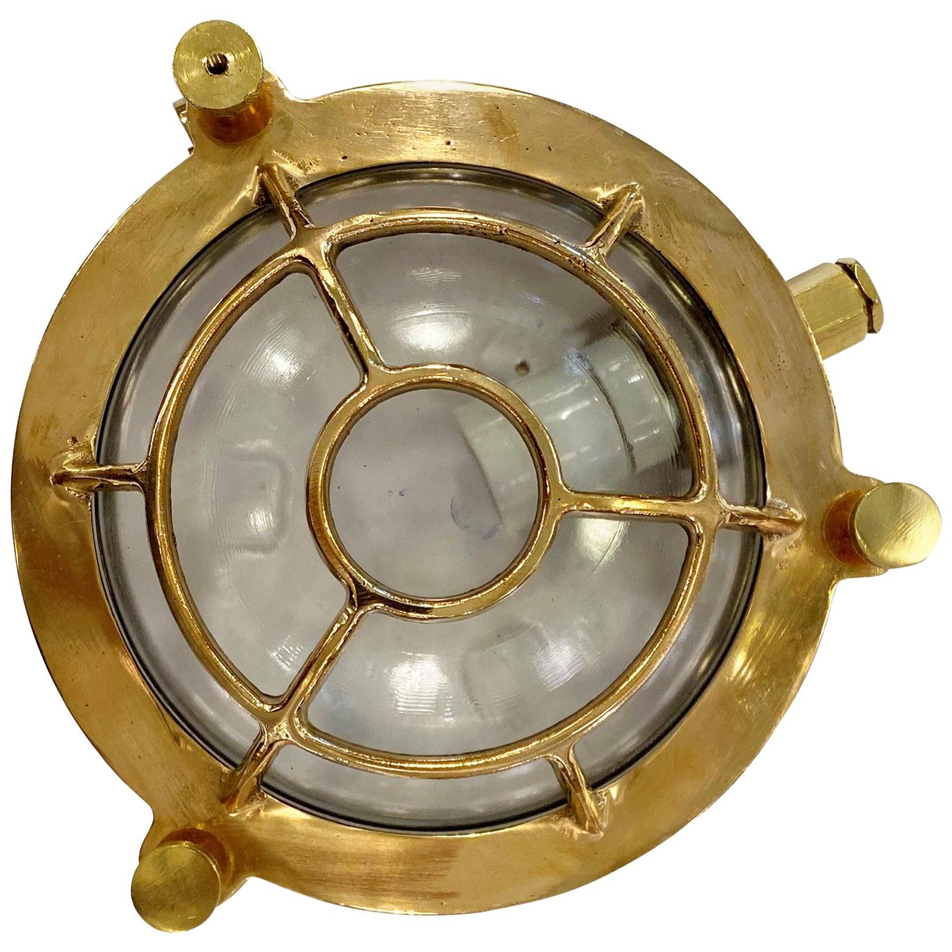 2010s Round Nautical Ship Light Sconce Cast Brass with Cage Bulkhead