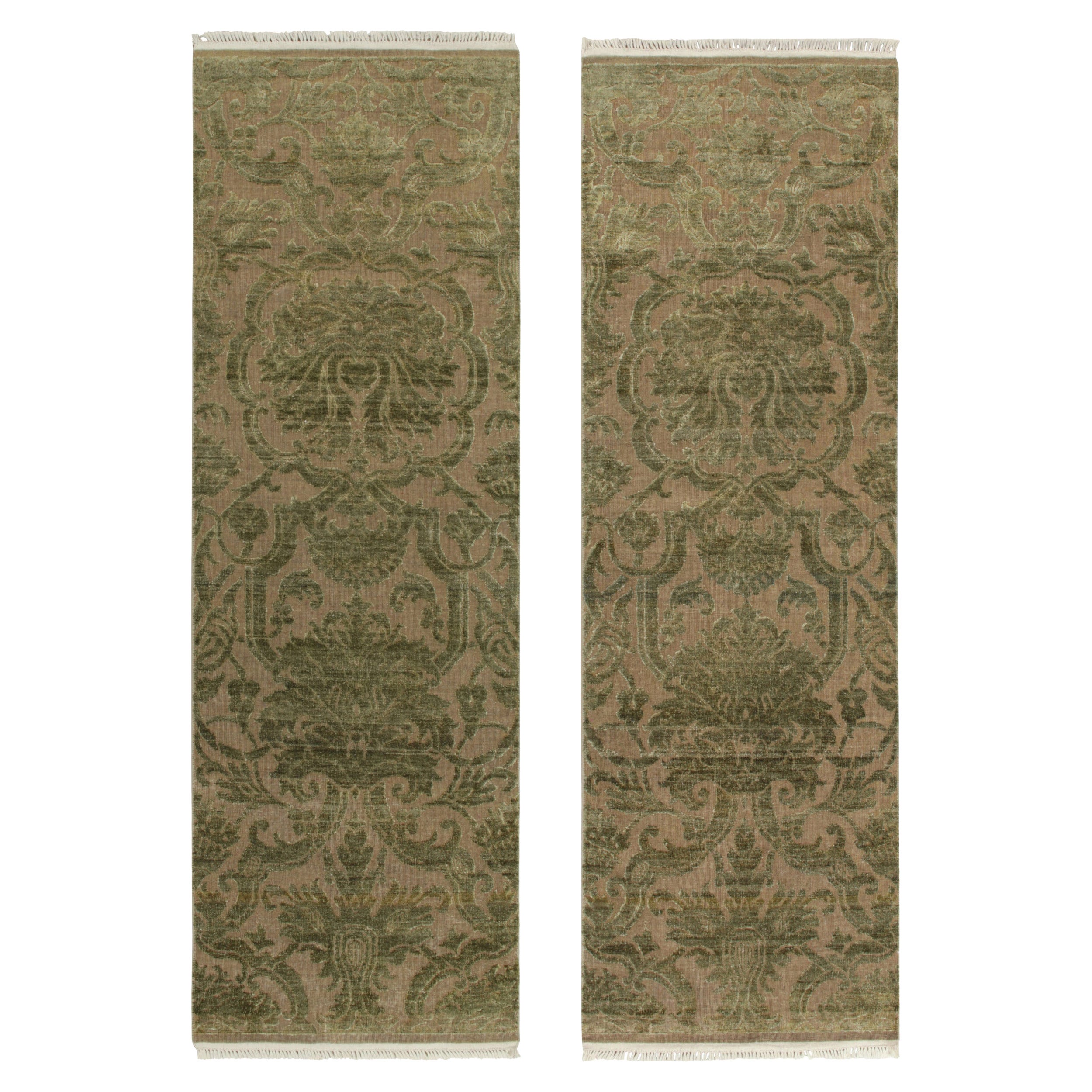 2010s Rug & Kilim's European Style Twin Runner in Beige With Green Floral Patten (en anglais) en vente