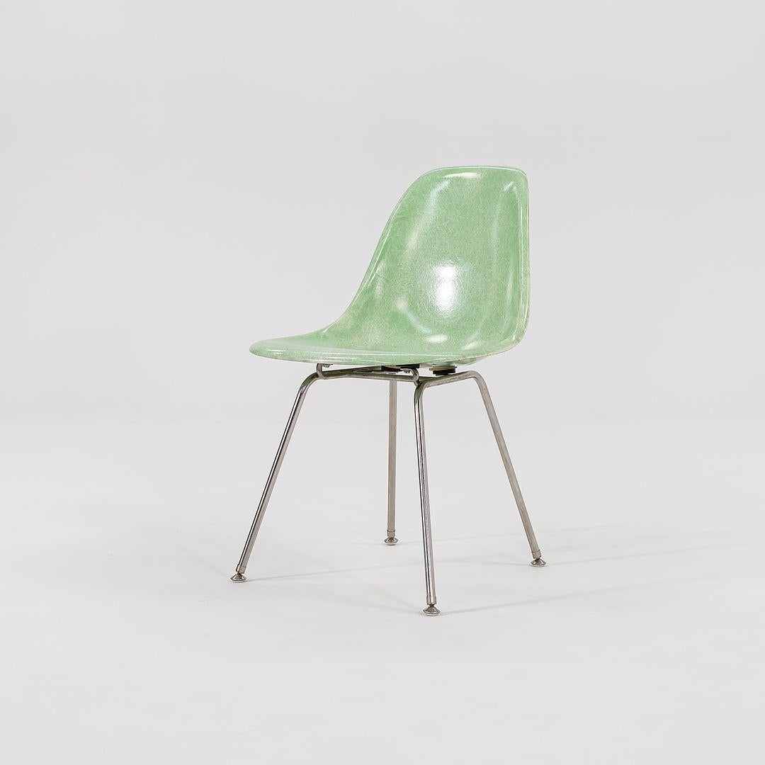 2010s Set of Four Eames Modernica Fiberglass Side Chairs H Base in Light Green 2