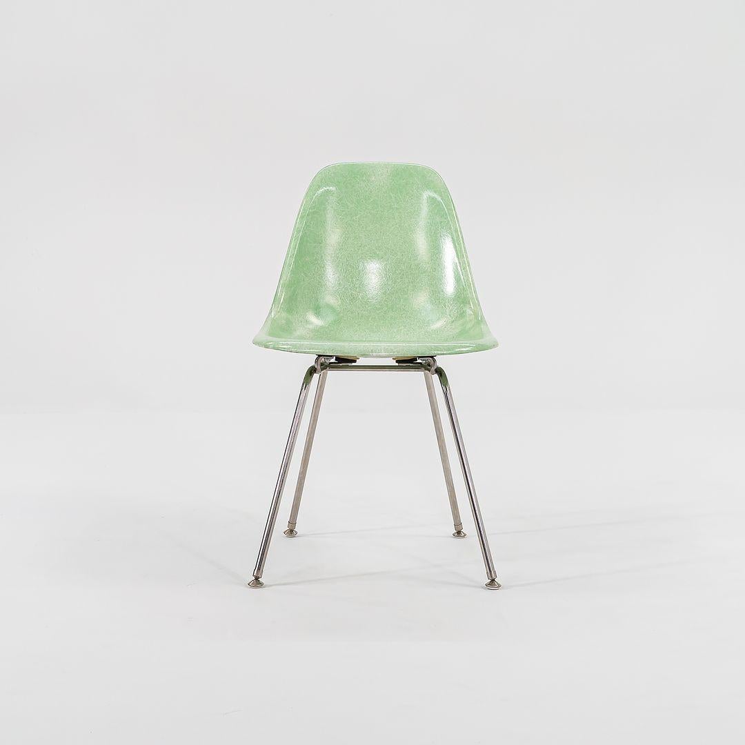 2010s Set of Four Eames Modernica Fiberglass Side Chairs H Base in Light Green 3