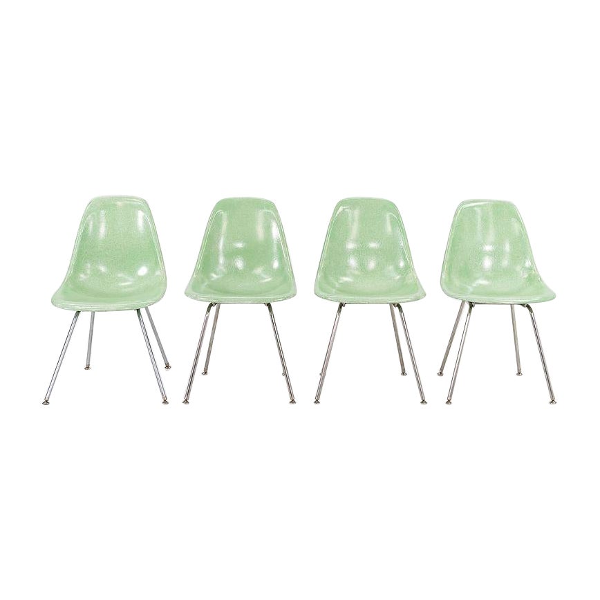2010s Set of Four Eames Modernica Fiberglass Side Chairs H Base in Light Green