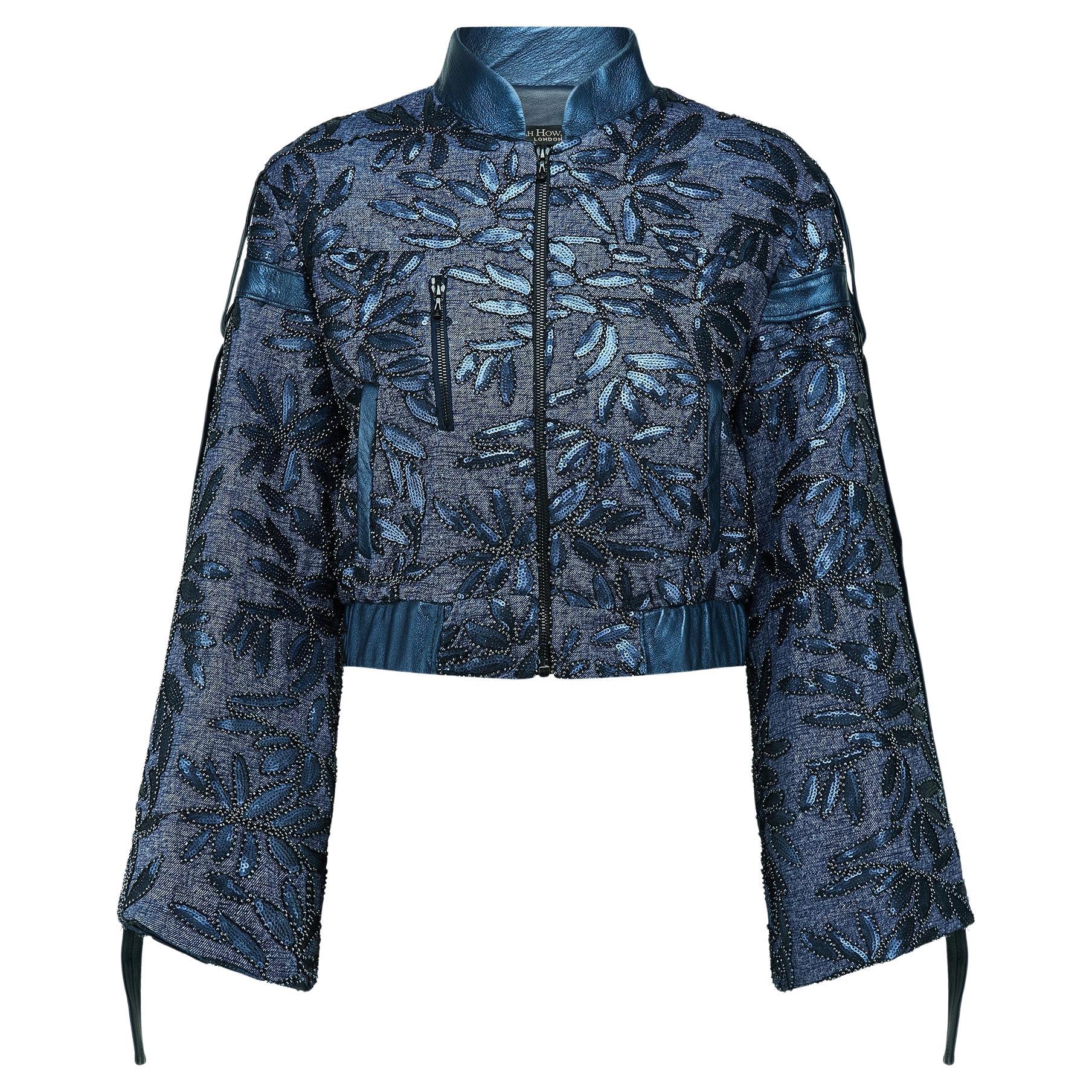 2010s Siah Howard Blue Faux-Denim and Leather Beaded Bomber Jacket
