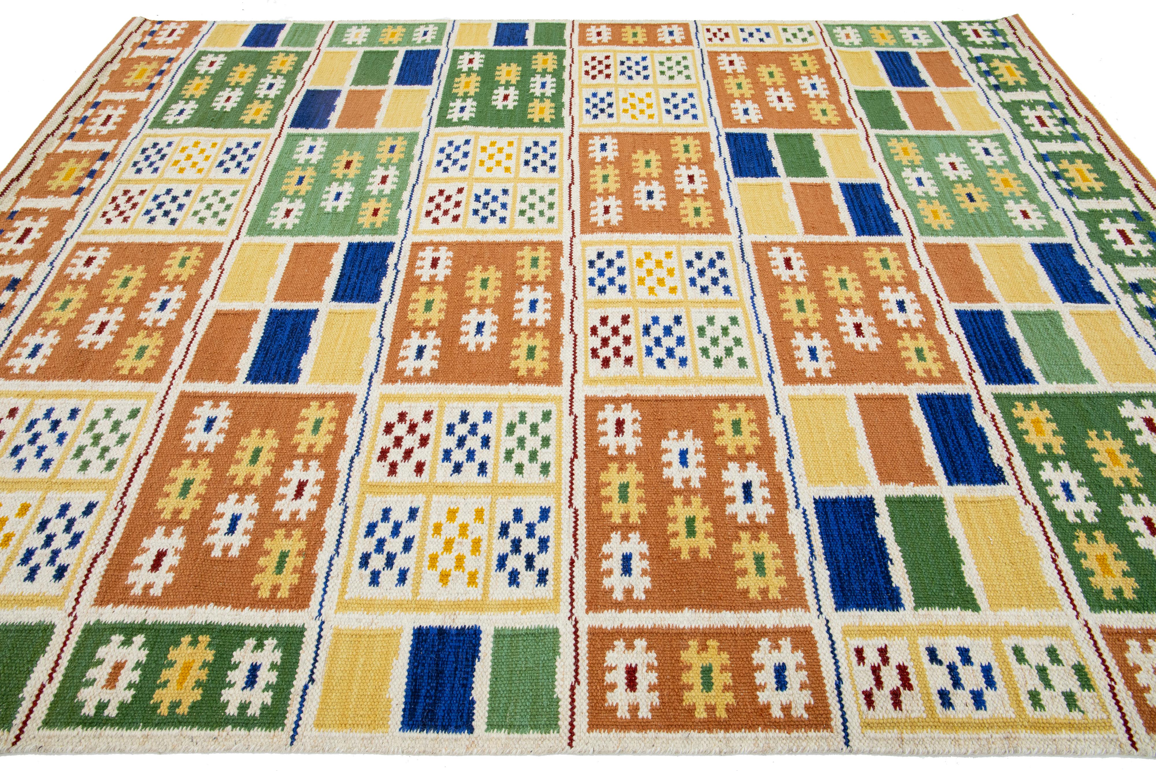 Indian 2010s Swedish Style Handmade Wool Rug With Multicolor Art Deco Design For Sale
