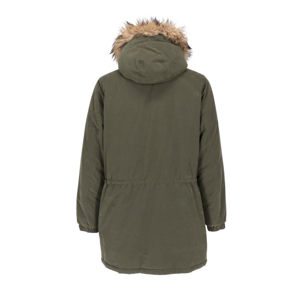 Timberland military green cotton blend parka. Lightly padded model, hood and faux fur removable edge, central concealed zip fastening and second front fastening with press buttons. Cuffs with strap, two vertical welt breast pockets with zip and two