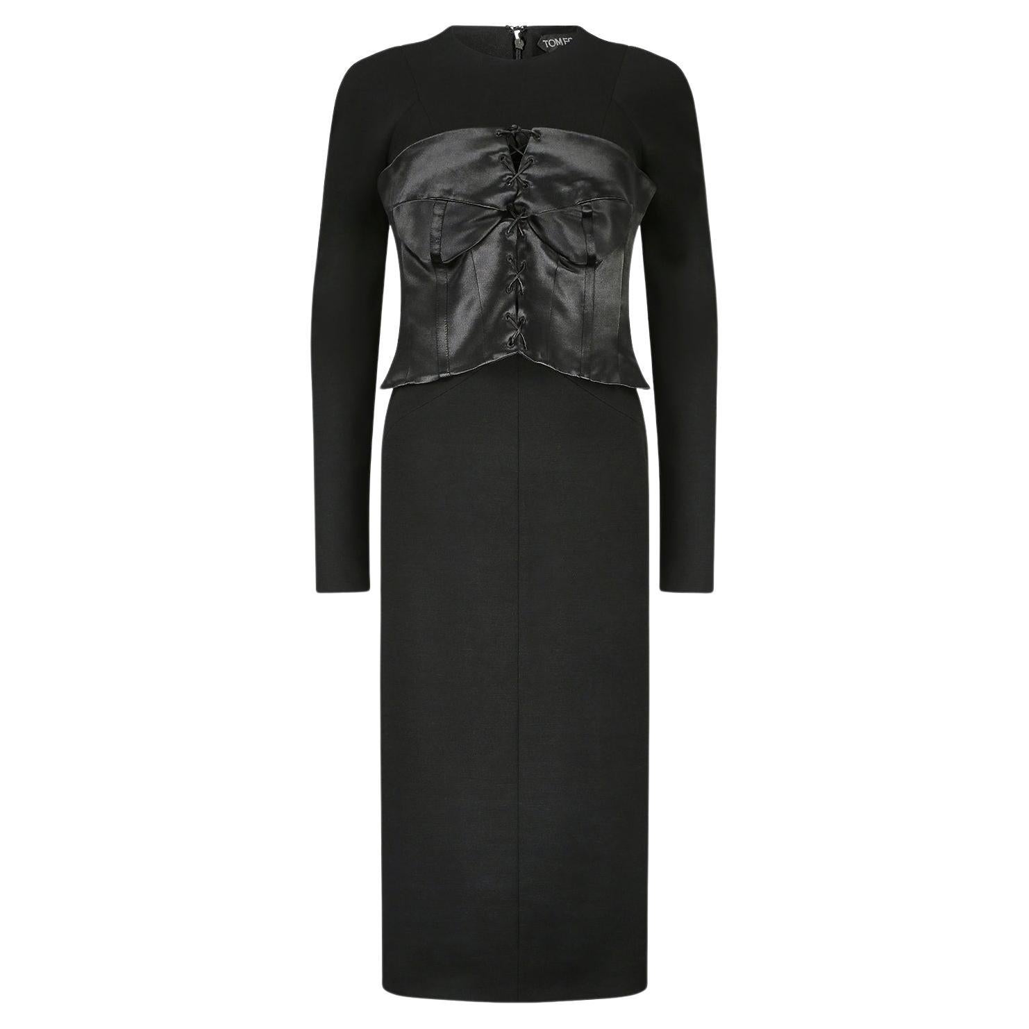 2011 Tom Ford Black Jersey Wool and Satin Corset Dress For Sale