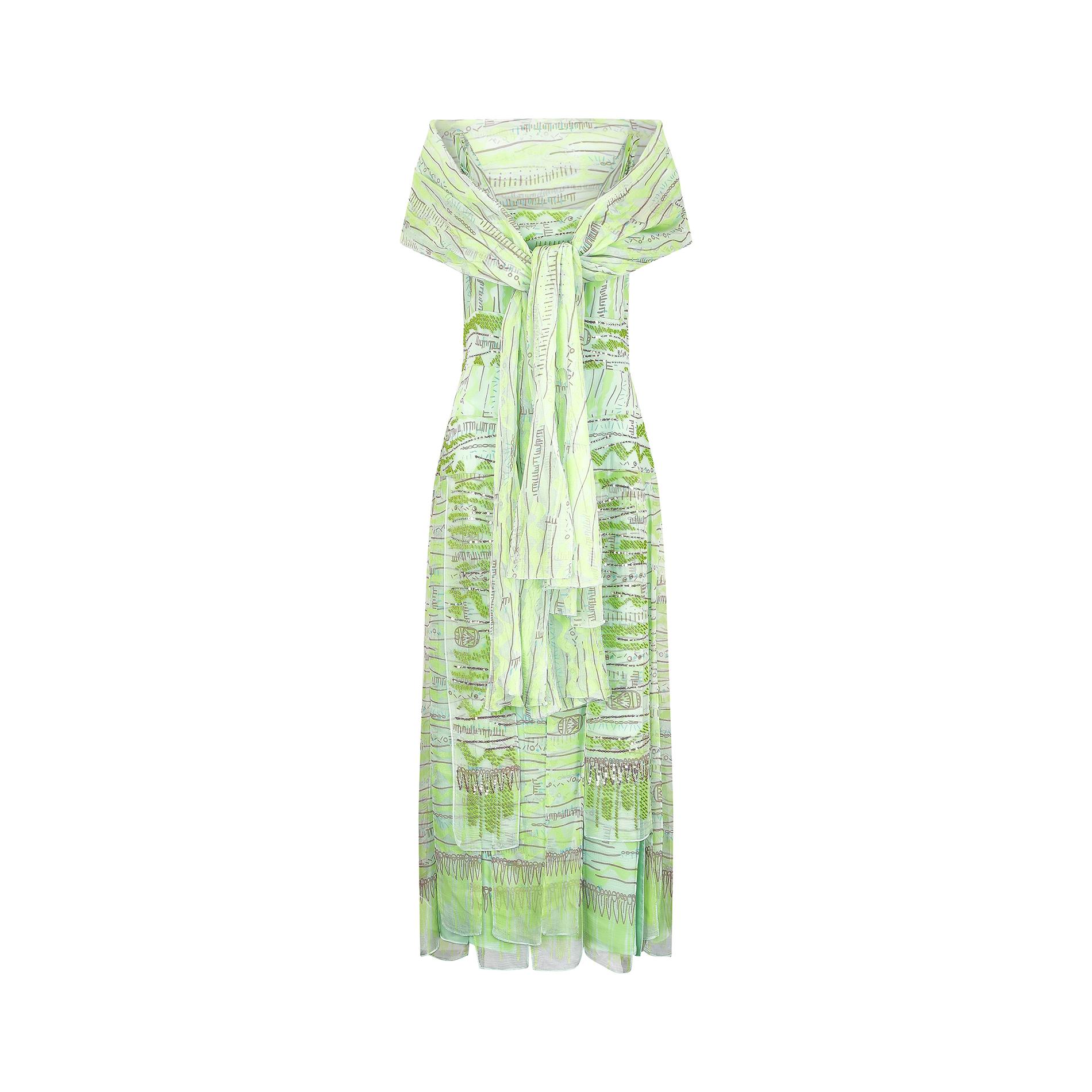 This beautiful Zandra Rhodes couture dress and scarf ensemble is cut in really gorgeous shades of green silk chiffon.  Her abstract, signature screen-printed fabric is worked by hand in a lime, apple green, white and silvery brown colourway, with