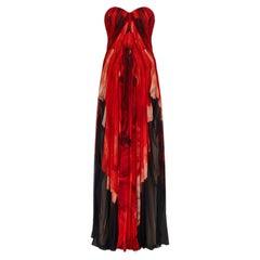 2011 Alexander McQueen Red Abstract Rose Print Chiffon Corset Gown
