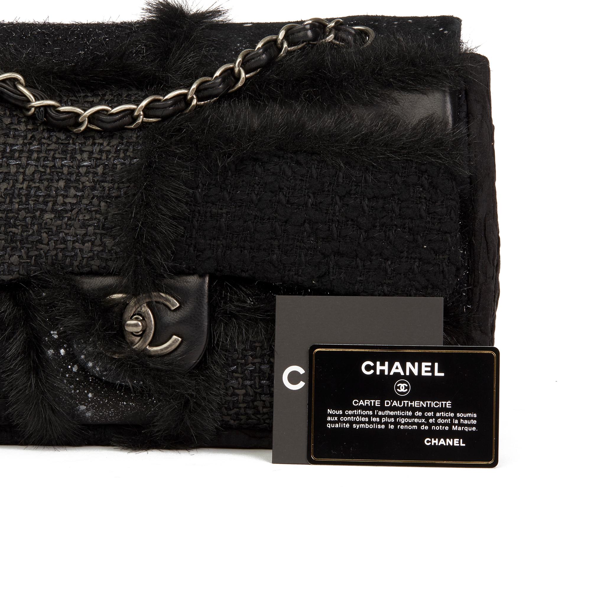 2011 Chanel Tweed Fabric, Leather & Fantasy Fur Patchwork Jumbo Single flap bag 4