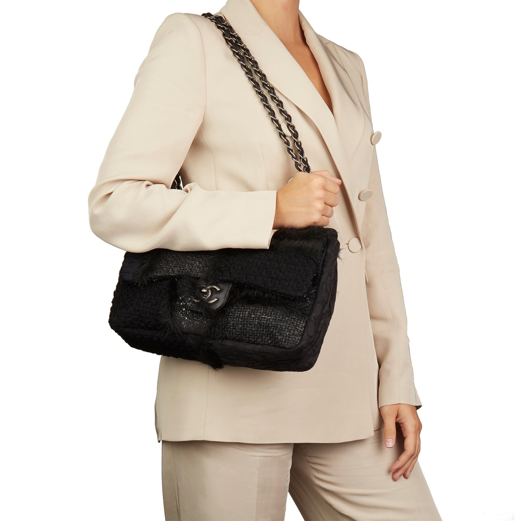 2011 Chanel Tweed Fabric, Leather & Fantasy Fur Patchwork Jumbo Single flap bag 5