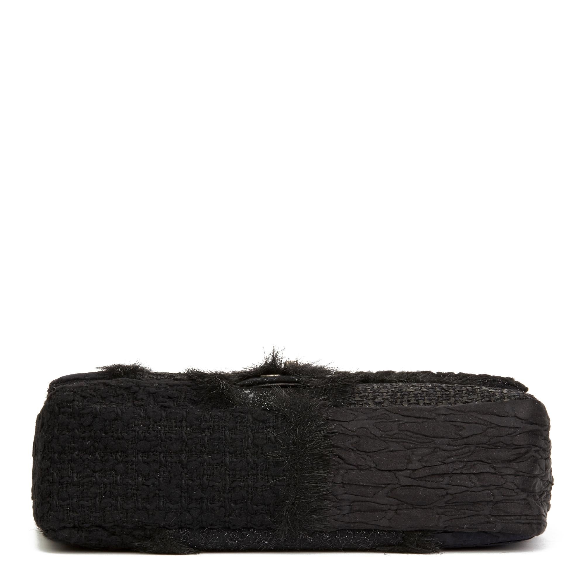 Black 2011 Chanel Tweed Fabric, Leather & Fantasy Fur Patchwork Jumbo Single flap bag