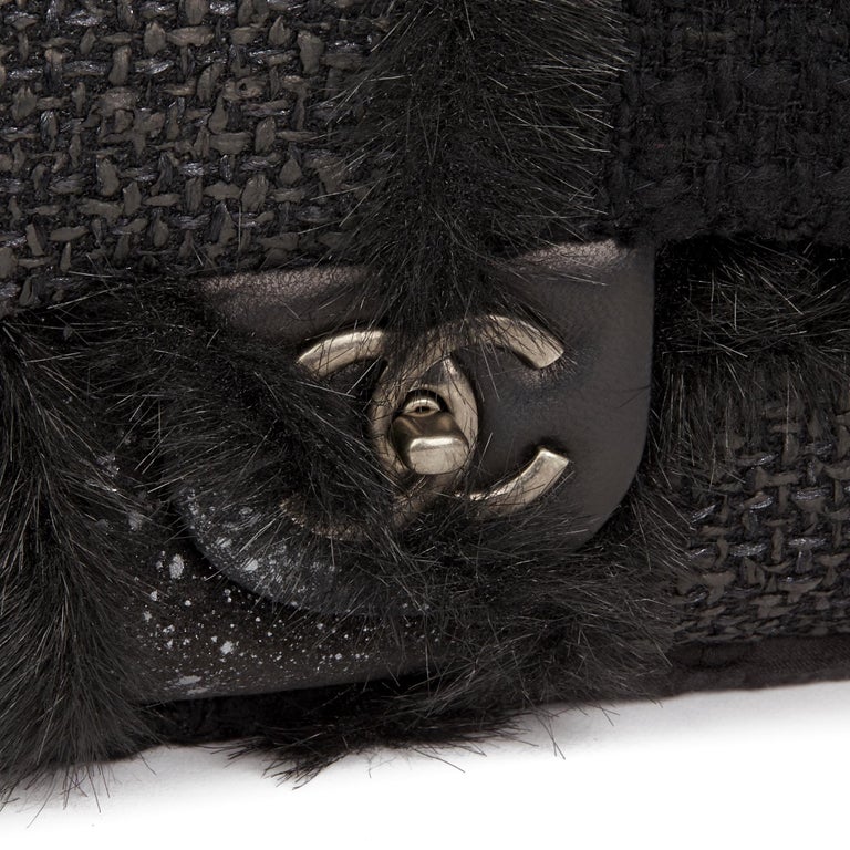 Chanel Black Patchwork Tweed Faux Fur Jumbo Flap Ruthenium Hardware, 2010-2011 (Like New), Black/Grey/Silver Womens Handbag
