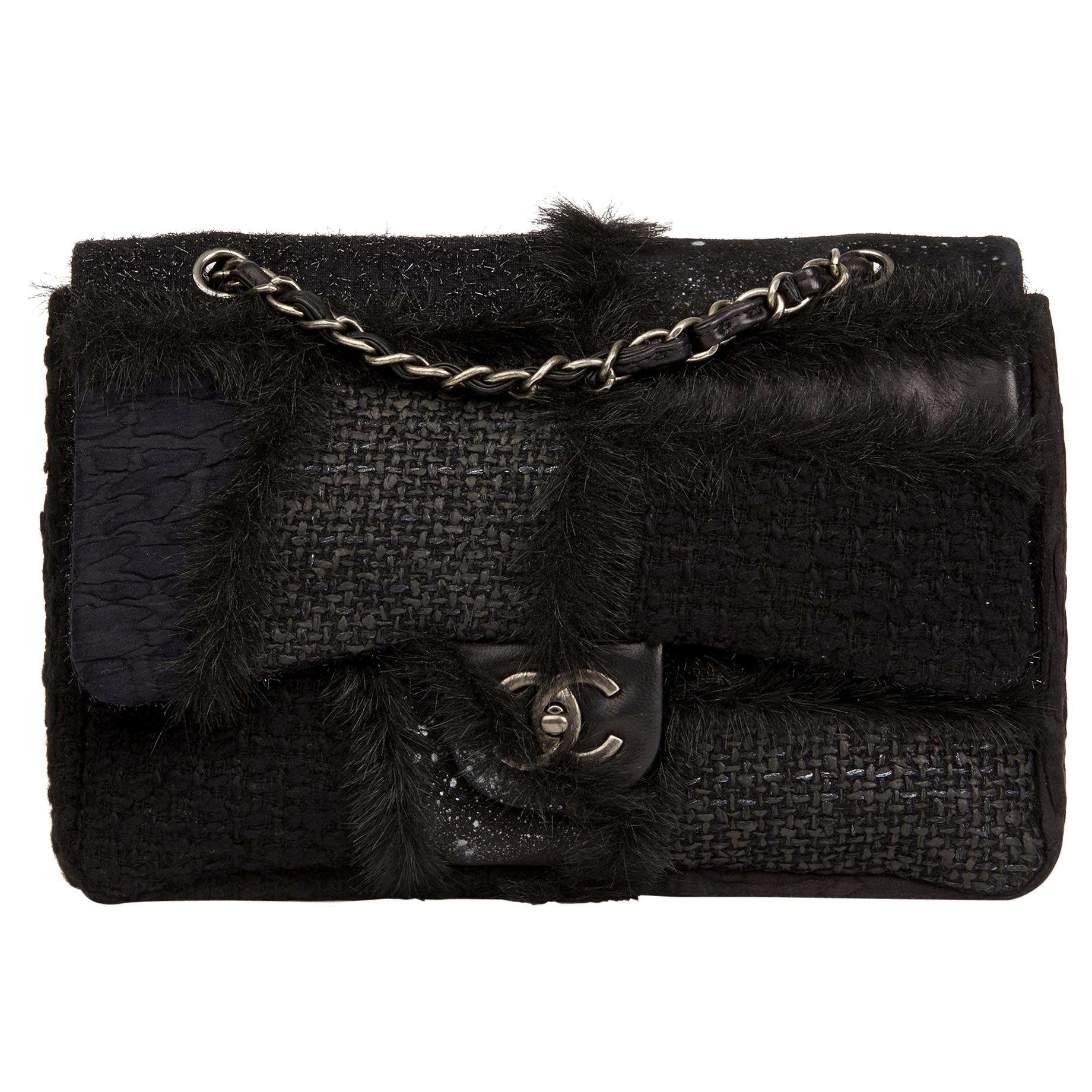 2011 Chanel Tweed Fabric, Leather & Fantasy Fur Patchwork Jumbo Single flap bag
