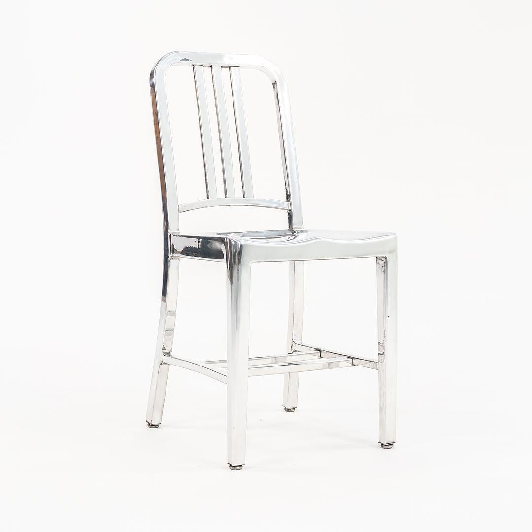 This is an original Emeco side dining chair, Model 1006, originally designed in 1944 for the U.S. Navy. This chair was built by hand from recycled aluminum in Hanover, Pennsylvania. Aluminum is an excellent material for seating as it is lightweight