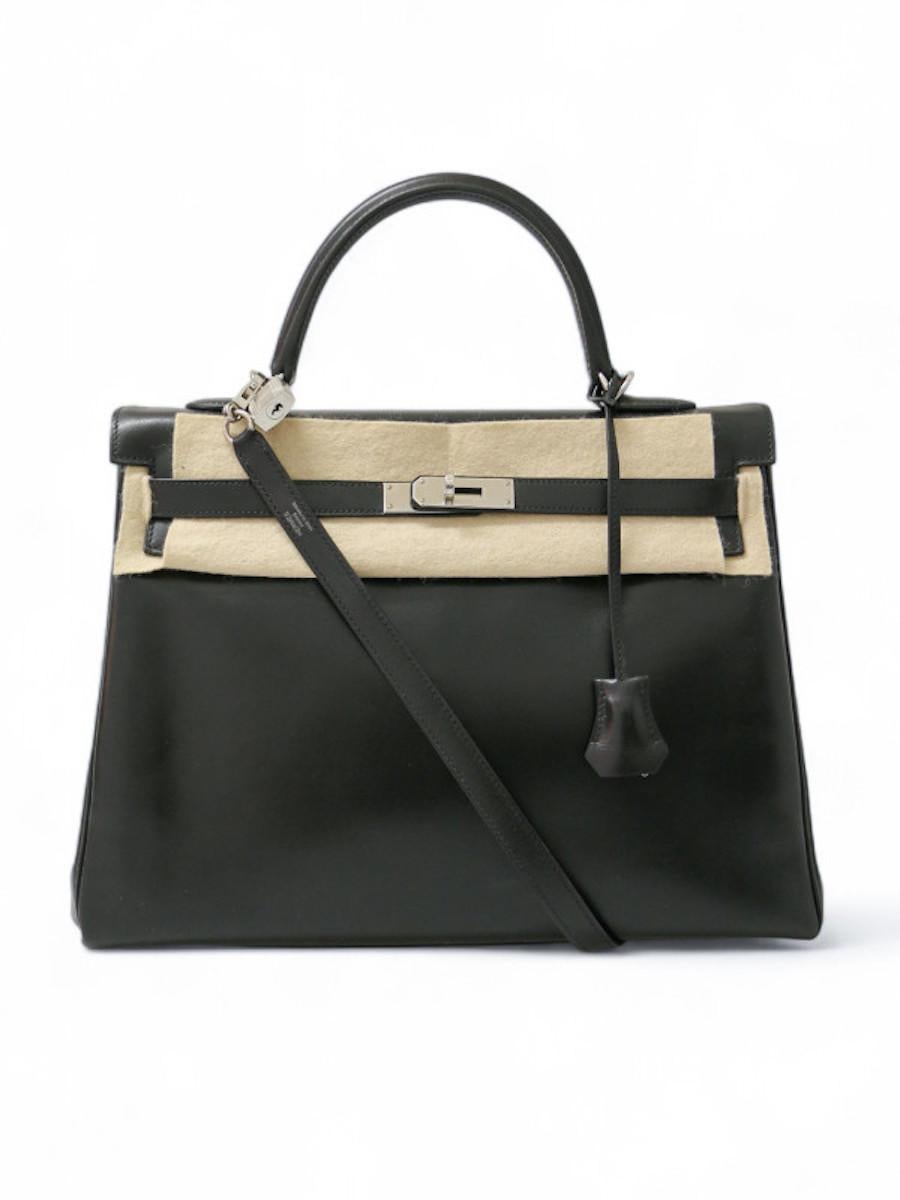 2011 Hermès negro Kelly 35 caja cuero plata hardware en venta 7