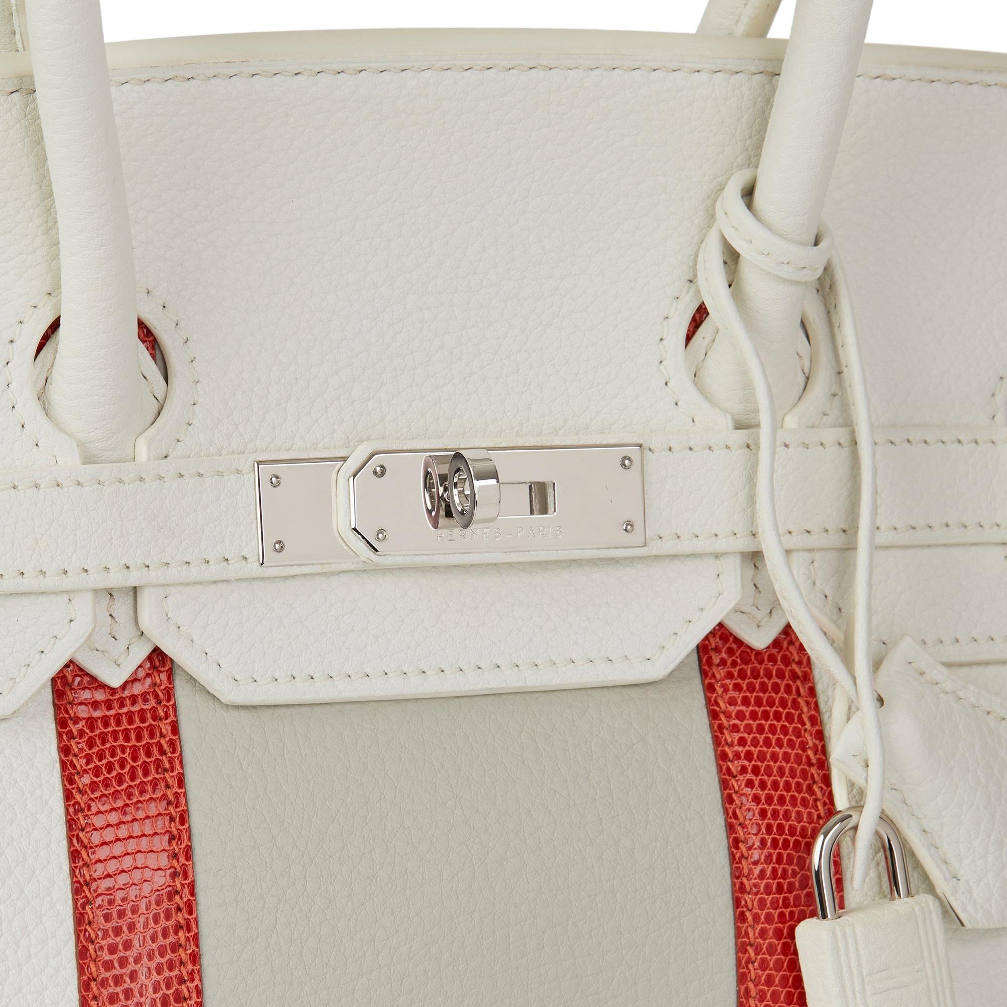 2011 Hermès Blanc, Gris Perle Clemence Leather & Sanguine Niloticus Lizard Leath 2