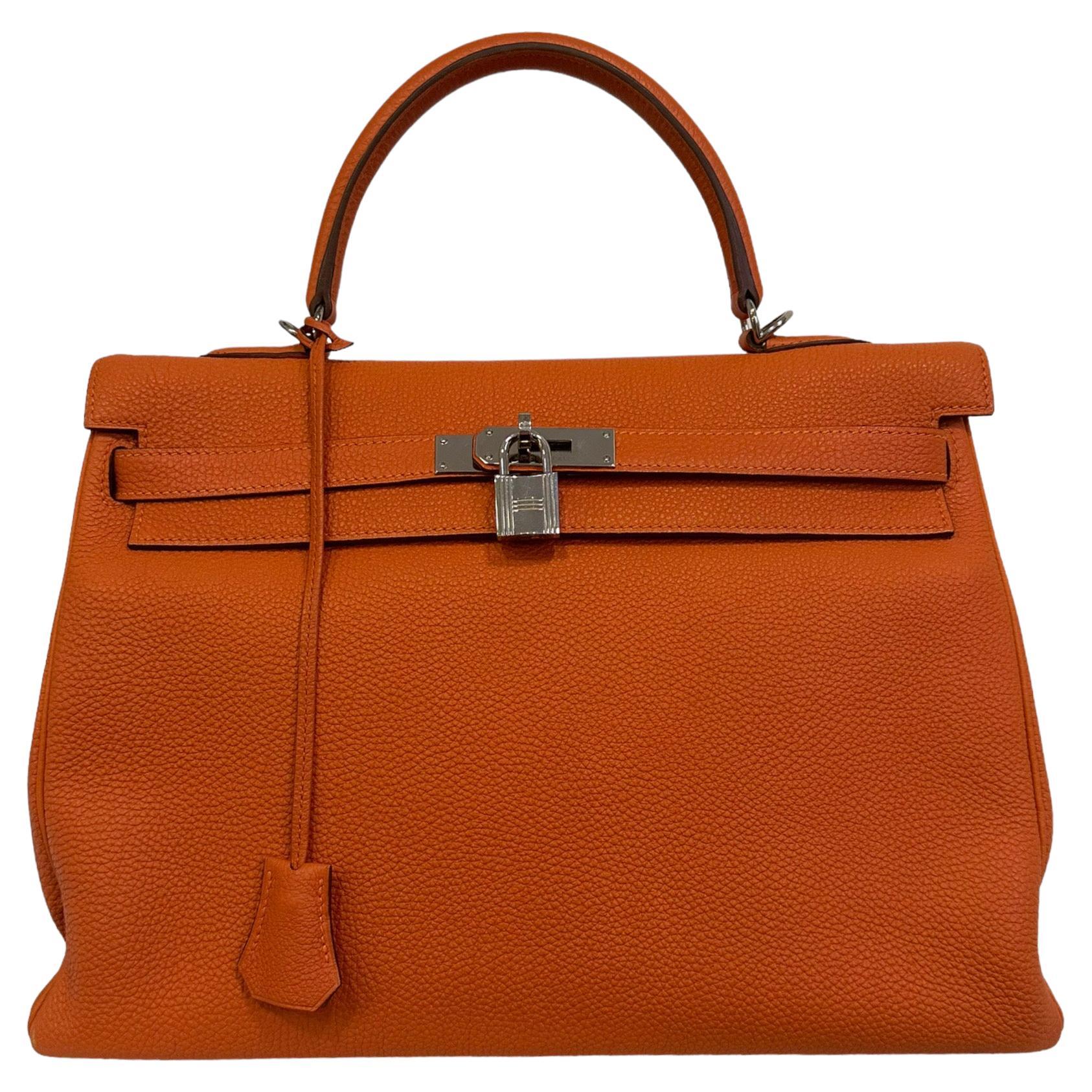 2011 Hermès Kelly 35 Fjord Leather Orange Top Handle Bag 