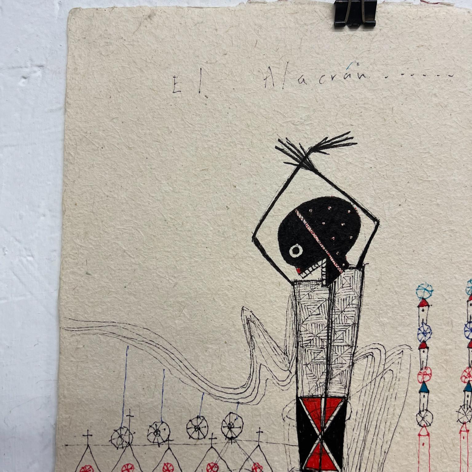 Ink on paper drawing 2, Original Art, Signed. Custom made paper. Oaxacan artist. 
Measures: 10.25 x 16.5
Artist signed. Inspiration Sergio Hernandez. Inscription on back.
Original vintage unrestored condition.
Refer to images.
  