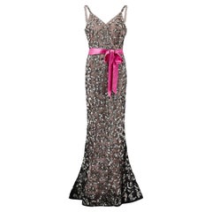 2011 Oscar De La Renta Runway Sequinned Maxi Gown with Pink Ribbon Belt