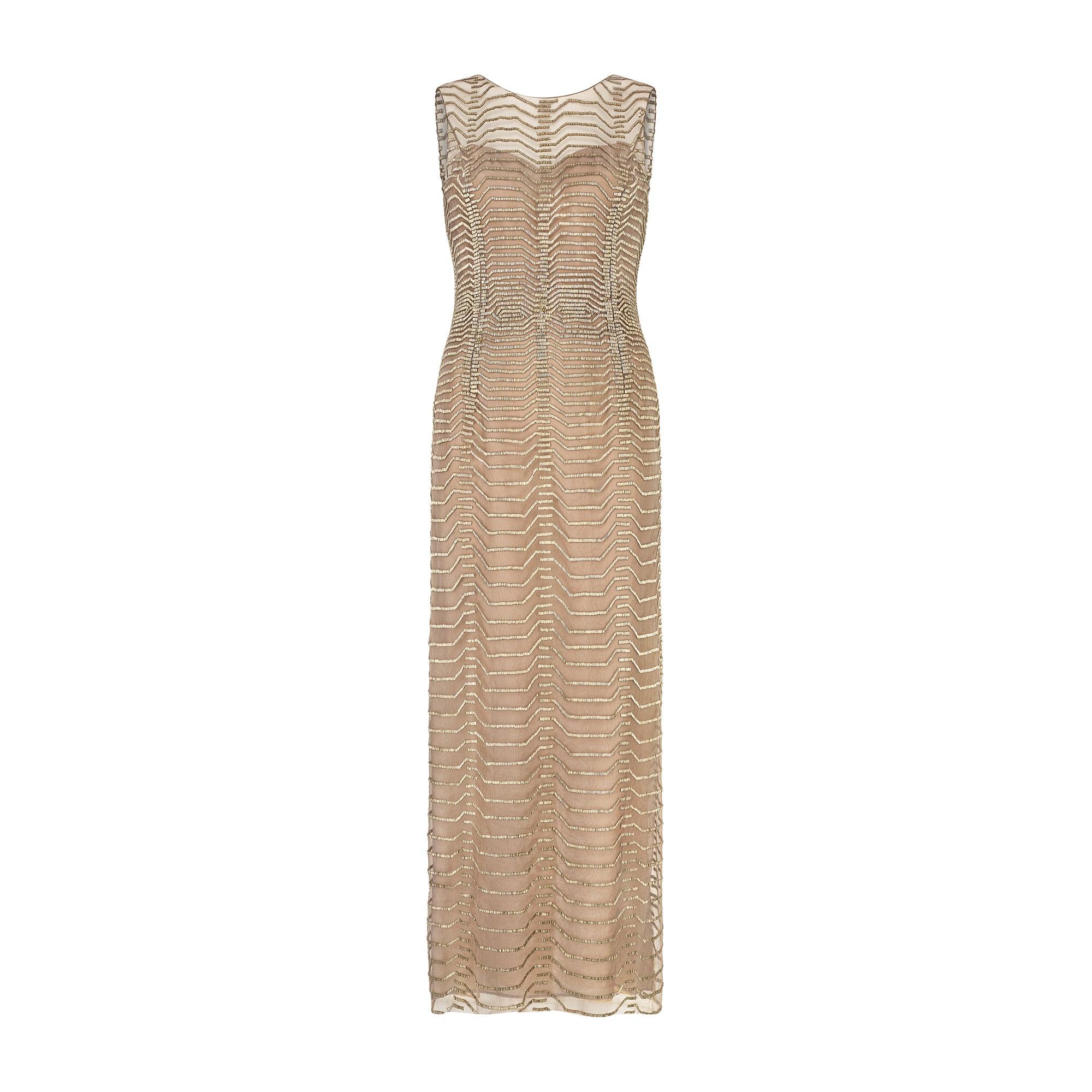 2011 Oscar De La Renta Laufsteg Transparenter Mocha-Maxi-Dress mit Perlenbesatz und All-Over-Perlen (Braun) im Angebot