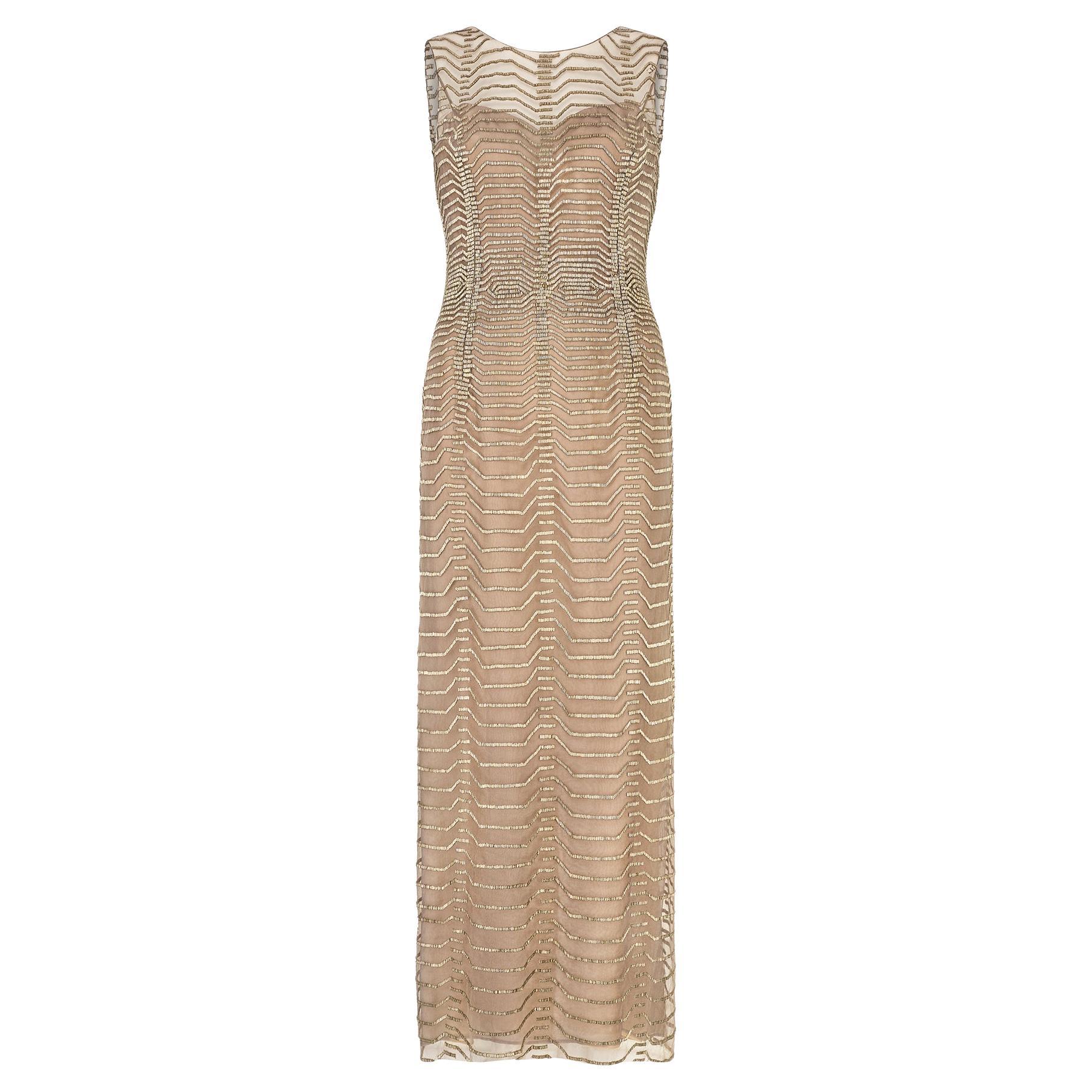 2011 Oscar De La Renta Laufsteg Transparenter Mocha-Maxi-Dress mit Perlenbesatz und All-Over-Perlen im Angebot