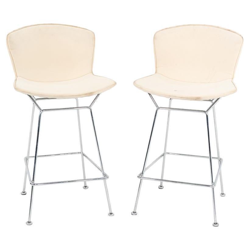 2011 Pair of Harry Bertoia for Knoll Chrome Counter Stools w/ Ivory Fabric Pads