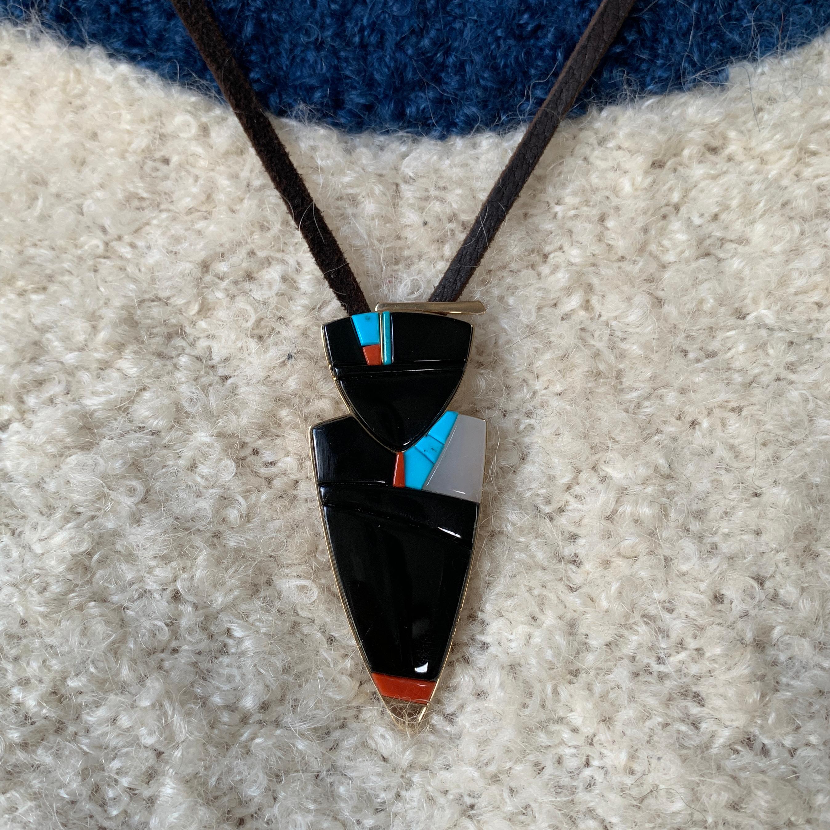 Native American 2011 Richard Chavez Black Jade, White Jade, Turquoise, Coral and Gold Pendant