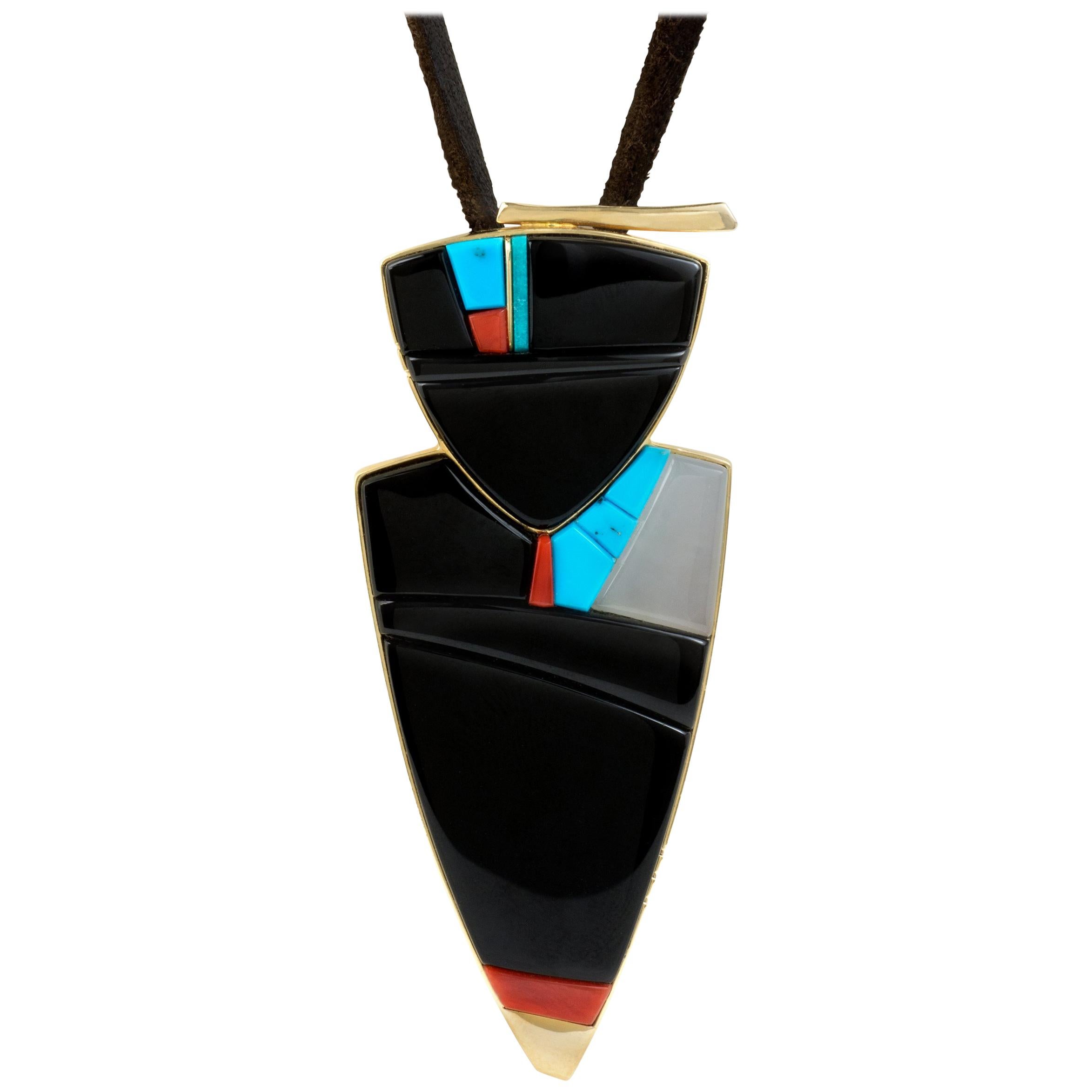 2011 Richard Chavez Black Jade, White Jade, Turquoise, Coral and Gold Pendant